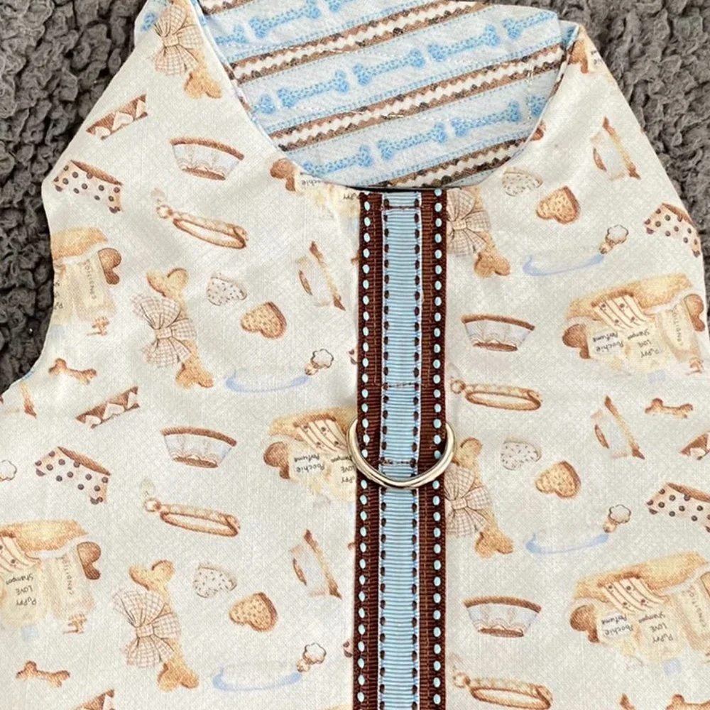 NEW- Dog HARNESS in LIGHT BLUE W- BROWN dog items in print- handmade